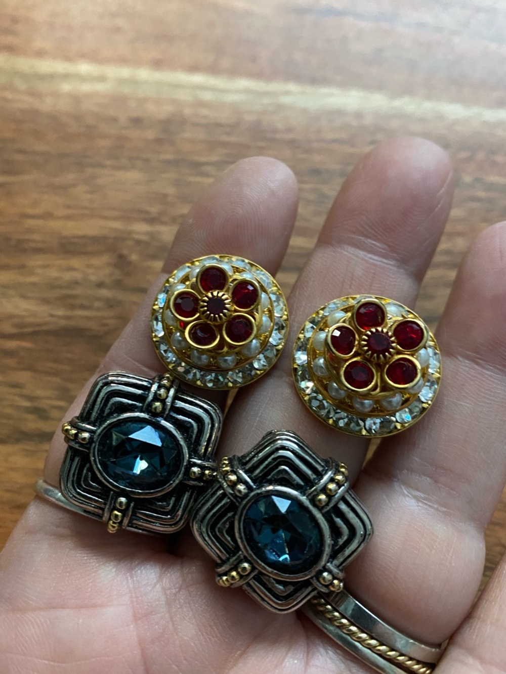 London blue and ruby red clip on earrings 2 pairs